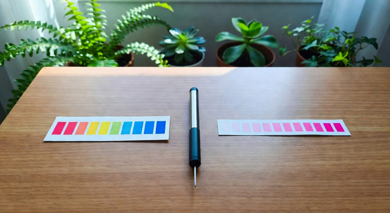 桌面上排列pH試紙、EC測量筆和餘氯比色試紙，背景園藝盆栽，自然光俯拍