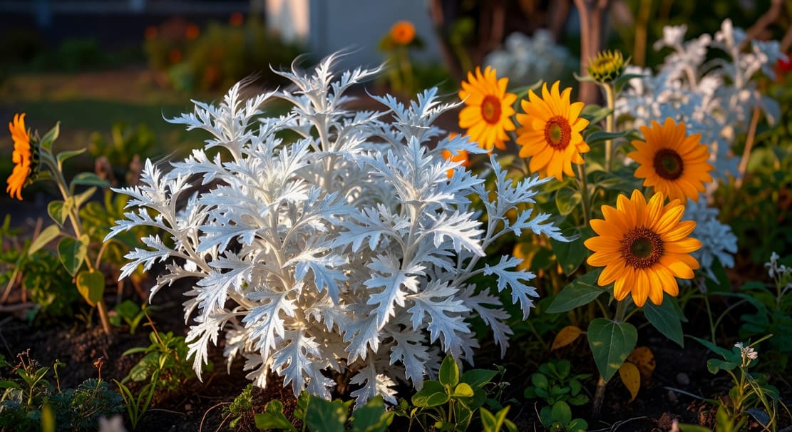 花圃中艾草特寫,銀白色葉片微風輕動,旁邊橘紅向日葵,黃昏光澤營造夢幻