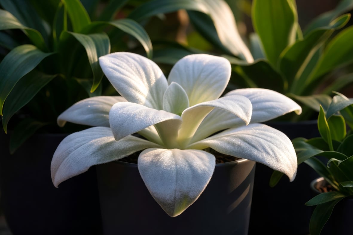 天使之翼海甘藍特寫,純白銀色葉片陽光下光澤,種植深色陶瓷盆,與綠背景對比