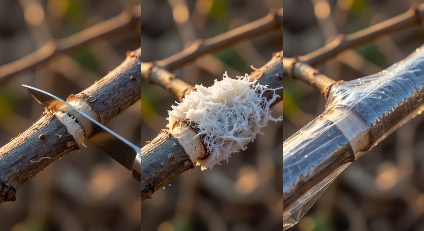 高壓繁殖步驟圖：左側枝條環剝傷口，中間水苔包裹，右側塑膠布緊密固定