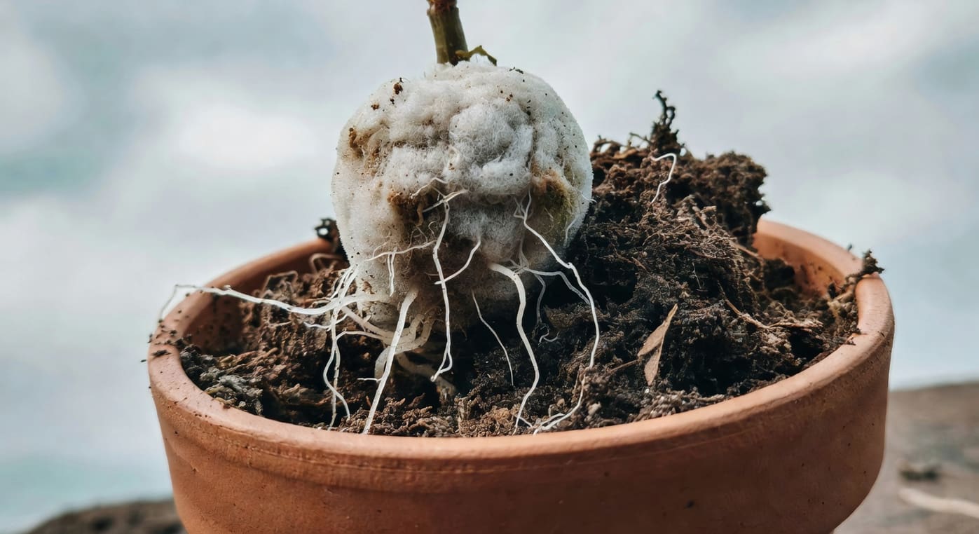 成功高壓繁殖枝條移植：鬚根從水苔球穿出，正在放入小陶盆中，旁有培養土