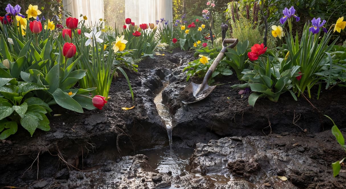 花圃挖臨時排水溝，水沿淺溝流向低點，土壤濕潤光澤，鐵鍬放置旁邊，無人物。
