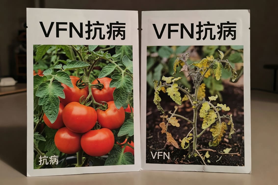 抗病番茄種子包裝標示VFN抗病字樣與非抗病品種對比