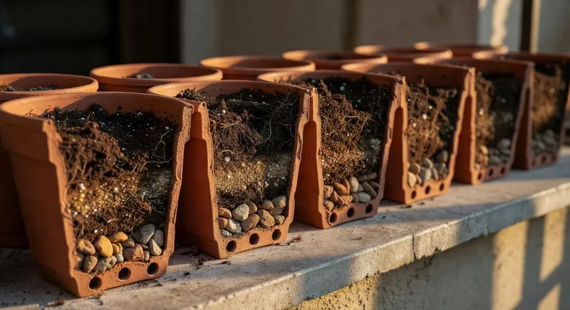 陽台花盆剖面展示分層介質結構與排水孔設計細節