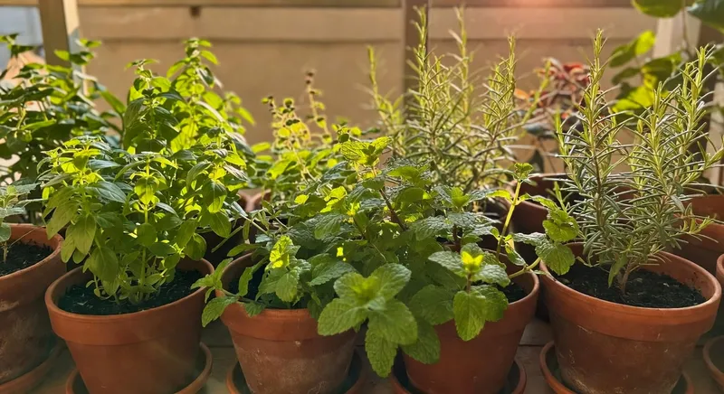 陽台邊多個泥盆種植翠綠九層塔、繁密薄荷和挺立迷迭香，陽光灑落其上