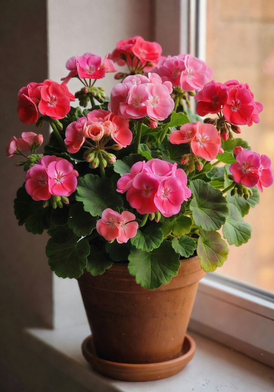 陶製花盆中整株天竺葵，飽滿圓形株型多層花朵層疊盛開，共17字