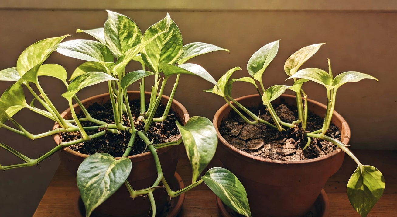 黃金葛不同光線生長對比及澆水頻率與土壤濕度示意圖