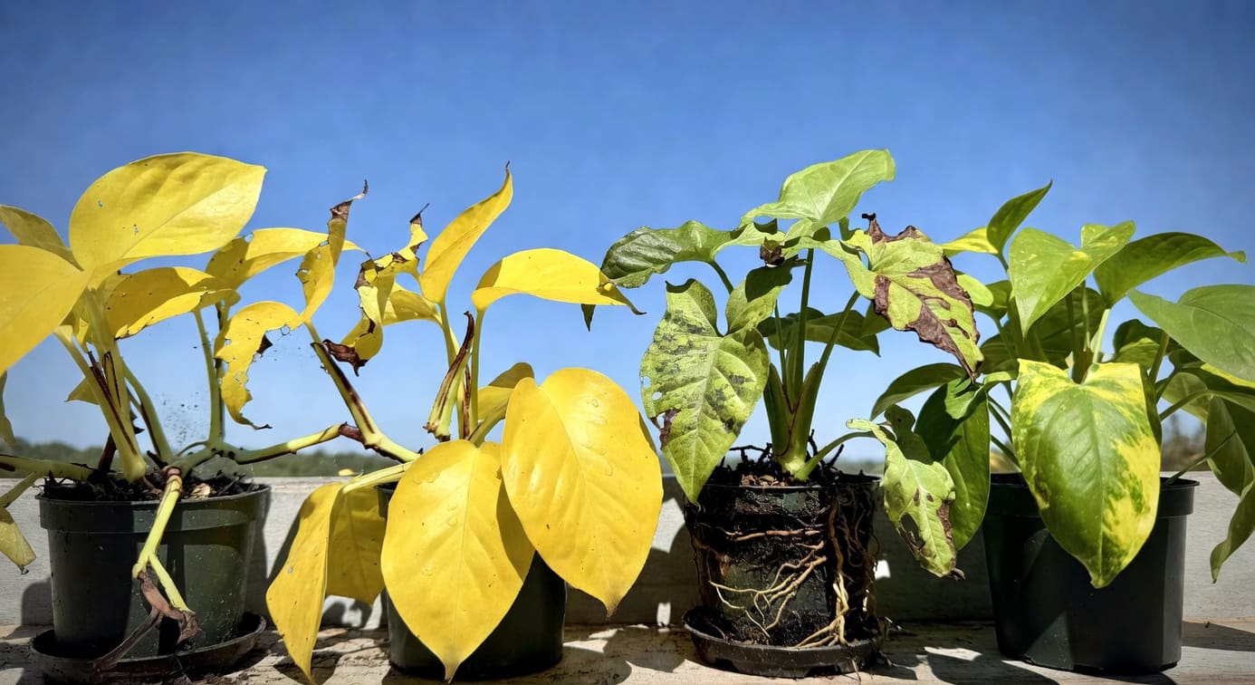 黃金葛和合果芋常見問題對比：根腐、蟲害、缺水和過水葉片症狀