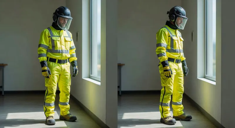 園藝工作者穿戴完整電動工具安全防護裝備的正面和側面視圖示