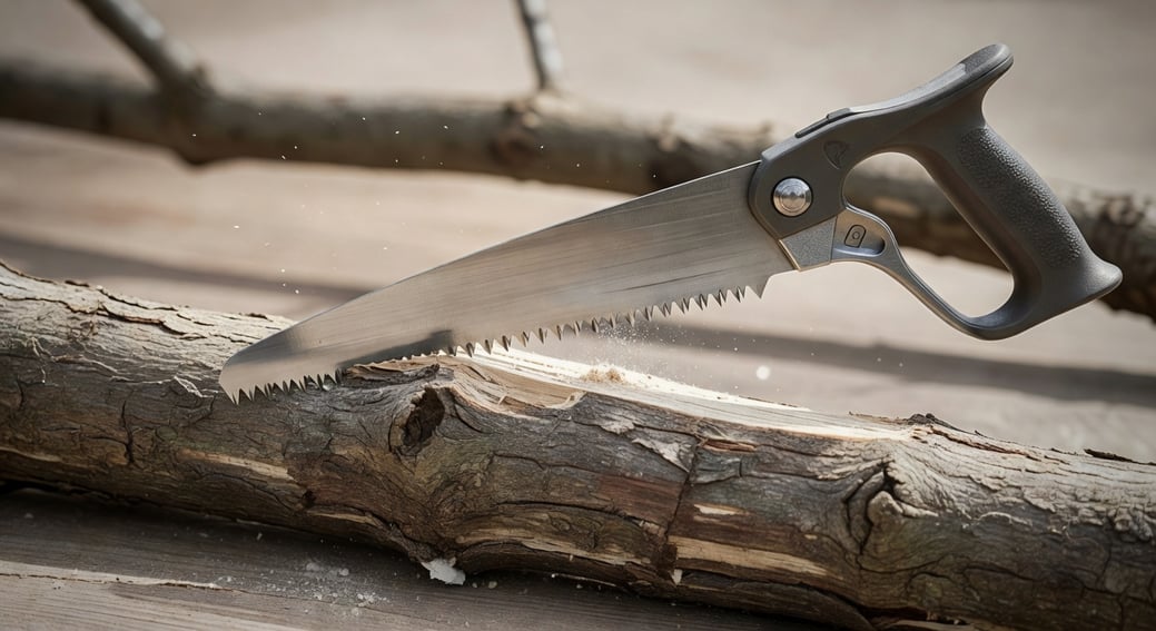 修枝鋸正確握法和拉鋸角度示意圖,展示如何避免鋸條卡頓問題