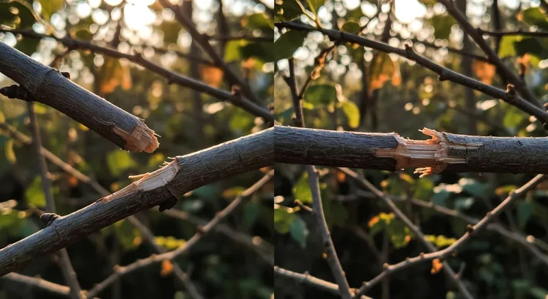 這張圖片展示了正確修剪角度和傷口位置的示意圖，並與錯誤切口方式進行對比。