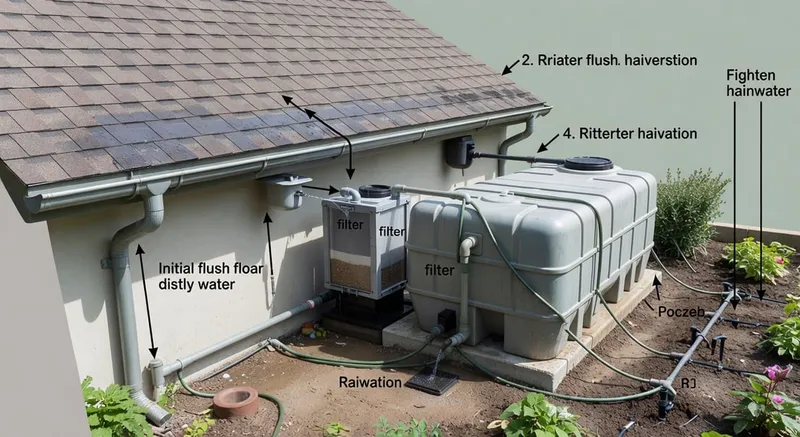 雨水收集系統示意圖：屋頂集水、初期棄流、過濾、儲存至灌溉全流程