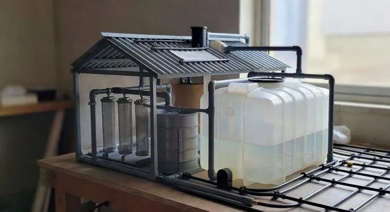 雨水收集系統示意圖：屋頂集水、初期棄流、過濾、儲存至灌溉全流程