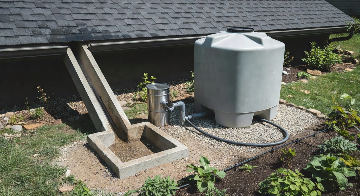 家庭雨水回收系統示意圖：屋頂集水、導流溝、沉砂池、棄流裝置、儲水桶和澆灌應用。