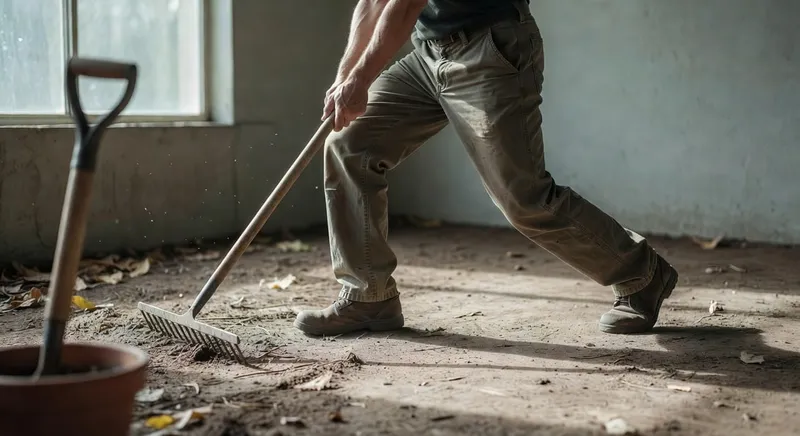 園藝師展示正確耙具使用姿勢，展現弓步站姿和背部打直的動作