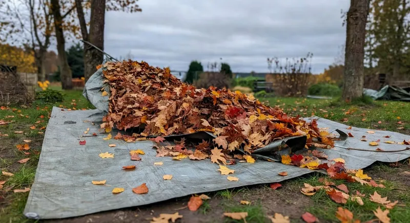園藝師使用防水布拖運落葉，展示省力搬運方法