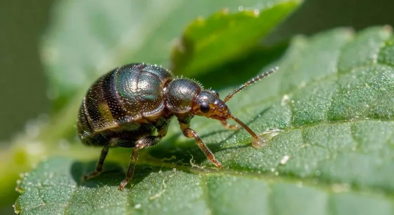 放大介殼蟲特寫圖，詳細展示其殼質外層和吸食口器