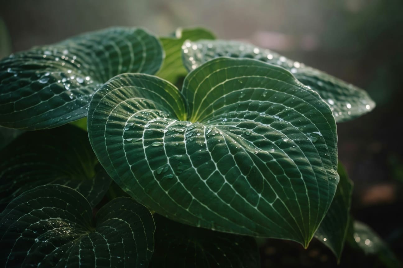 玉簪葉片特寫,白色葉脈清晰,晨露閃耀光線透射