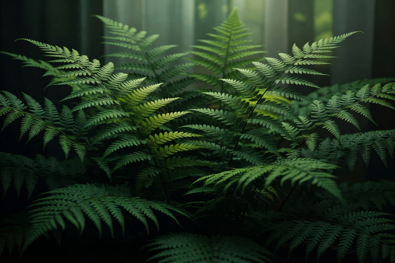 蕨類葉片靈巧多重羽狀,陰暗背景層次豐富