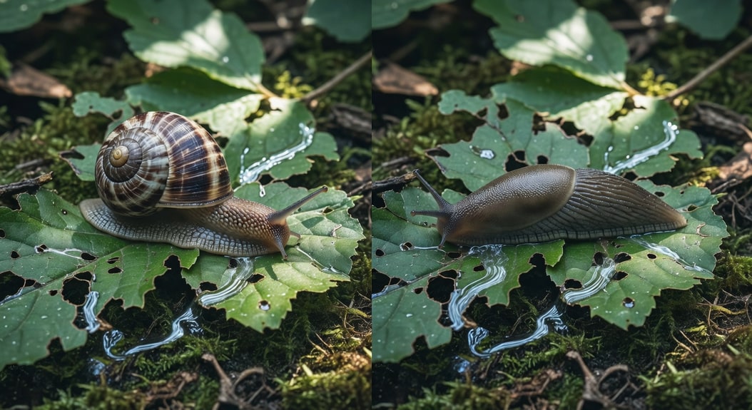 蝸牛與蛞蝓對比圖：身體特徵、葉片傷害及銀色痕跡比較