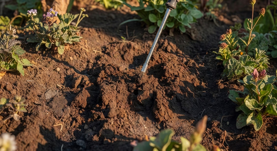 手持螺絲起子測試土壤板結,插入深棕土壤,花圃環境