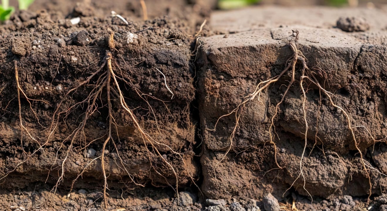 健康土壤與板結土壤剖面對比:左根系深入,右根系彎曲受阻,教學示意圖