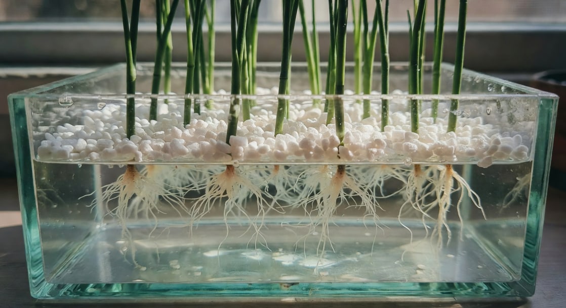 綠色莖段插穗插入白色珍珠岩介質,一排底部有清晰白色細根的特寫,清水玻璃盒明亮光線。