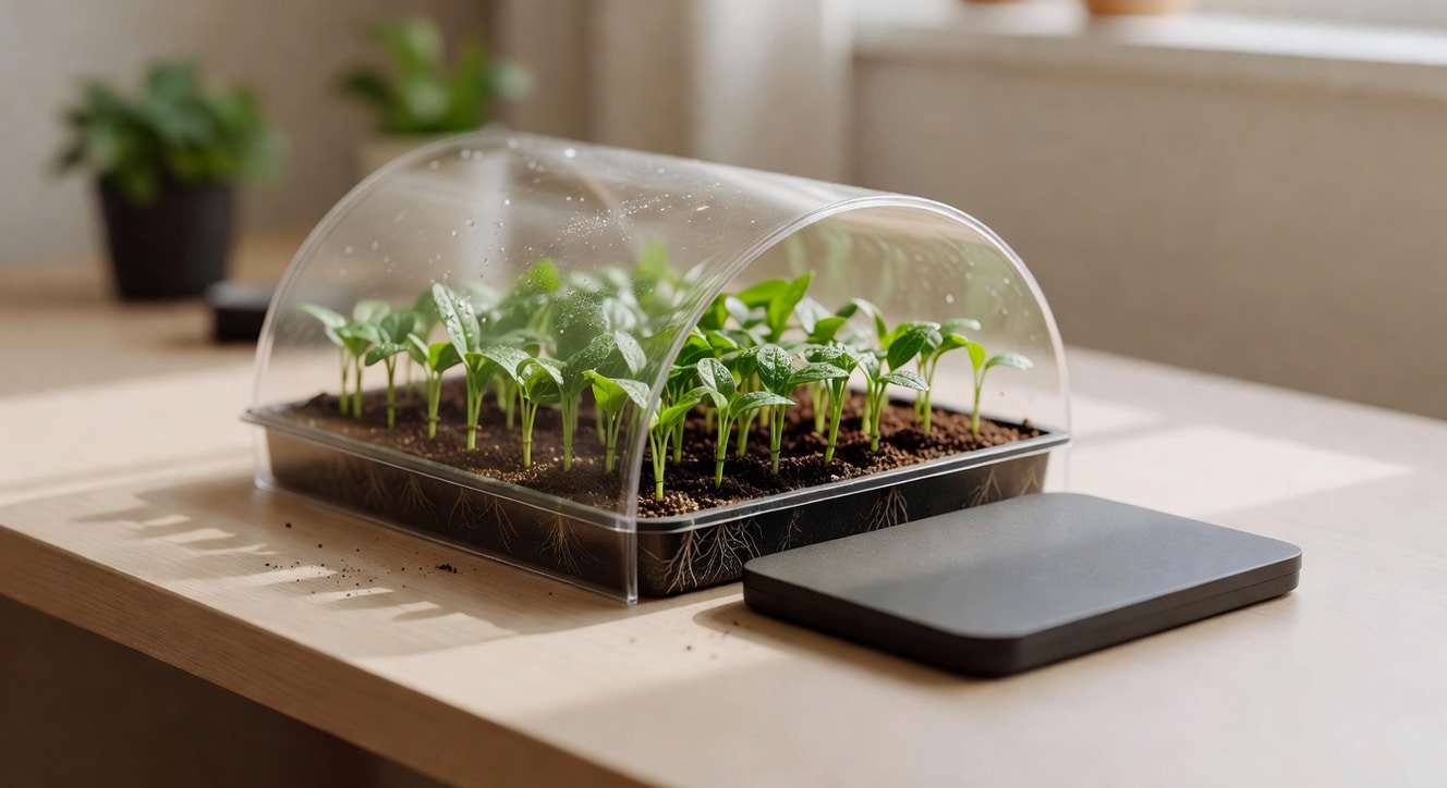 室內繁殖箱整齊排列插穗,上方透明穹頂旁小型加熱墊,室內自然光整潔工作台。