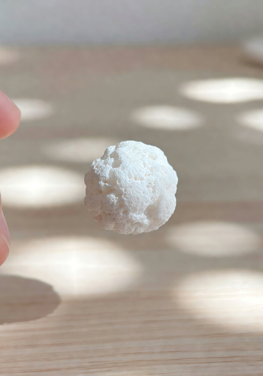 手指捏住白色珍珠岩顆粒特寫，展示多孔質地，淺色背景自然光