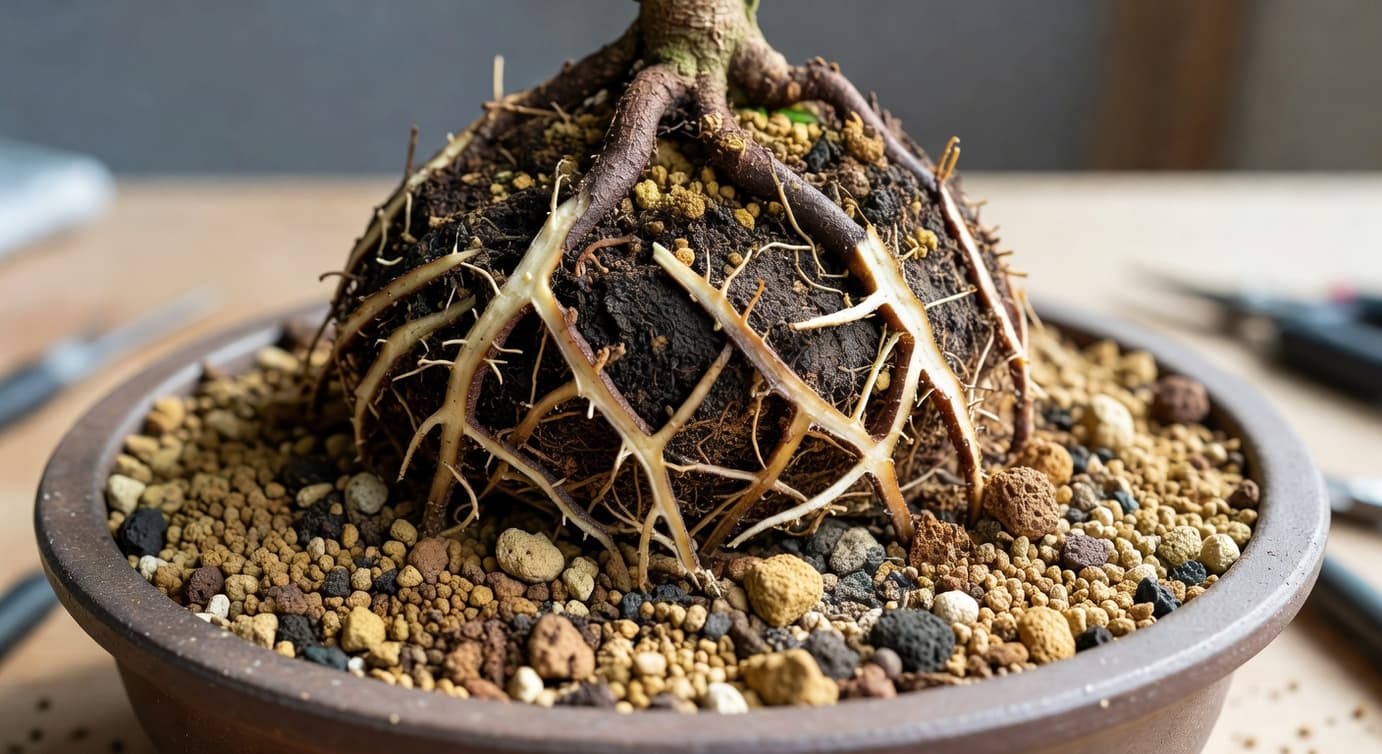 新盆組裝：植物根球置入新介質，根部修剪痕跡清晰可見（16字）