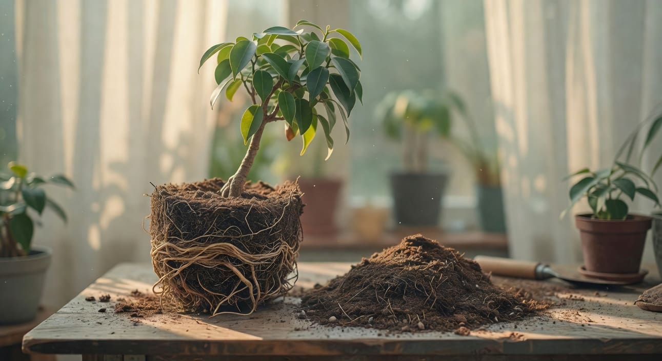 春季陽光下，園藝師為榕樹換盆，新舊介質並列，舊根球盤繞明顯（18字）