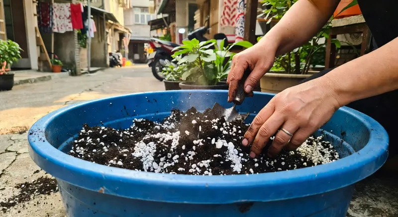 正在混合各種盆栽介質材料