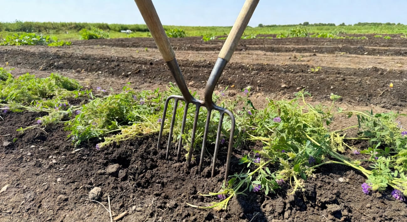 園丁用廣叉翻入開花前苜蓿，工具插入土20公分，背景待種蔬菜田。