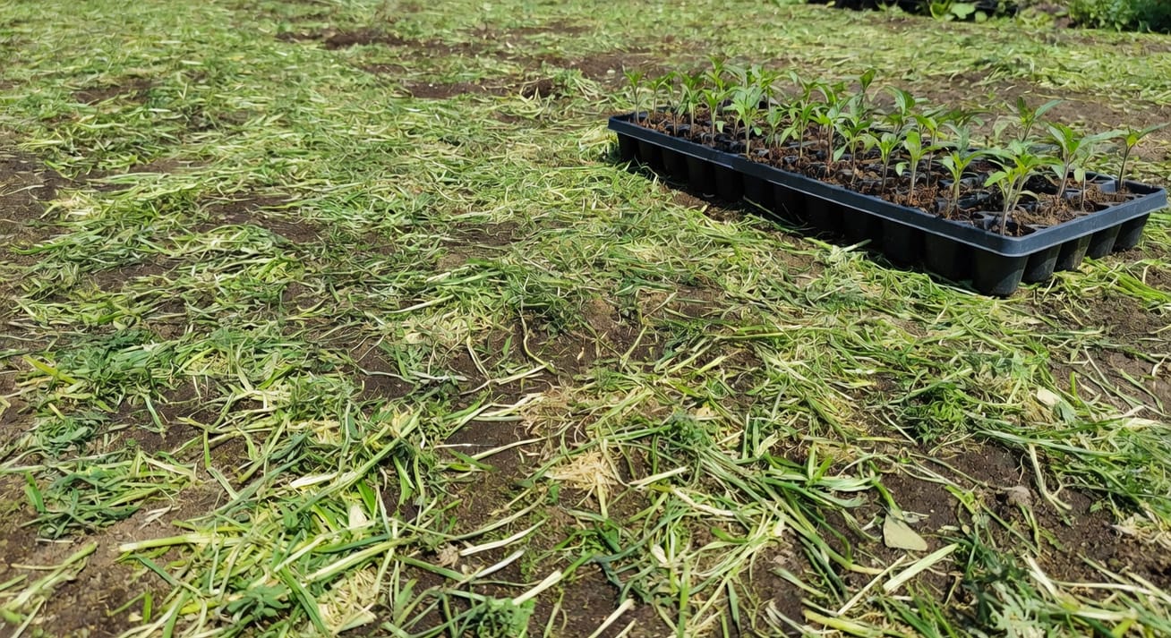 台灣小型有機菜圃覆蓋苜蓿殘株，一旁番茄幼苗穴盤，晴天午後光線。