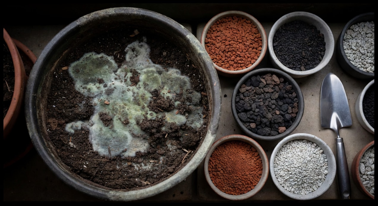 園藝師手刮除盆土發霉層，旁邊擺放赤玉土、火山石、麥飯石和乾淨鏟子
