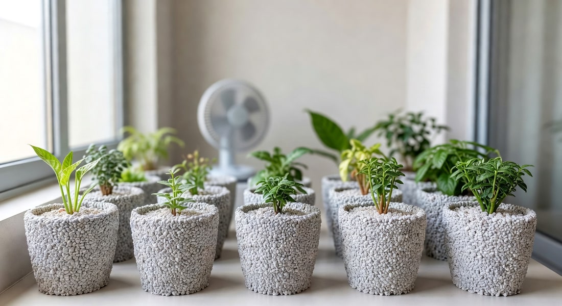 明亮陽台上盆栽整齊排列覆蓋火山石，背景有運轉循環扇