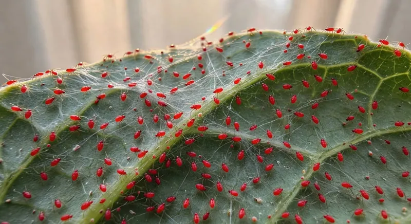 顯微鏡下紅蜘蛛在葉片上聚集的特寫,展示絲網