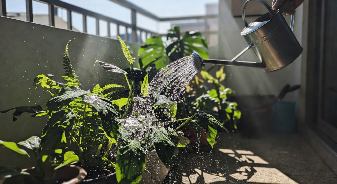 陽台園藝者手持花灑沖洗葉背，水珠飛濺側光照射