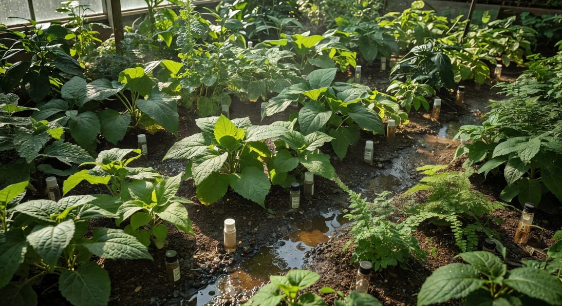 溫室場景灑水提濕度，植株間放智利小植綏蟎釋放瓶，葉片葉背光線透亮