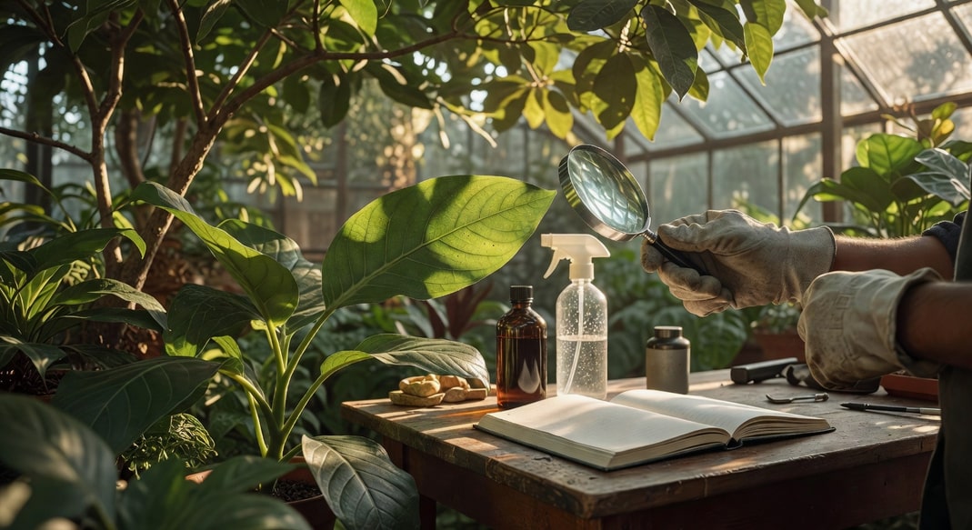 溫室一角園藝工作者手持放大鏡檢查葉背，桌上擺放印楝油、噴霧瓶、殺蟎劑和紀錄本