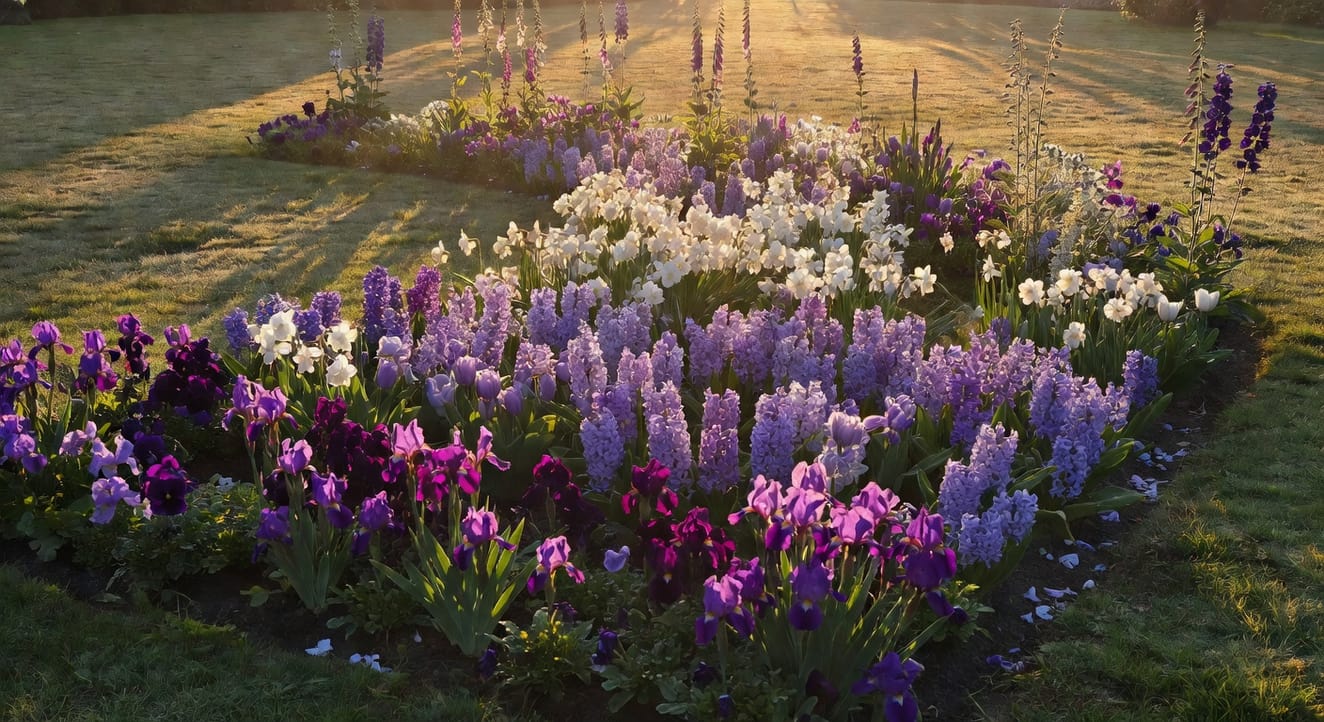 春季花壇全景：色彩從前景深紫漸進到淺紫和白色，背景高株植物輪廓清晰呈現。