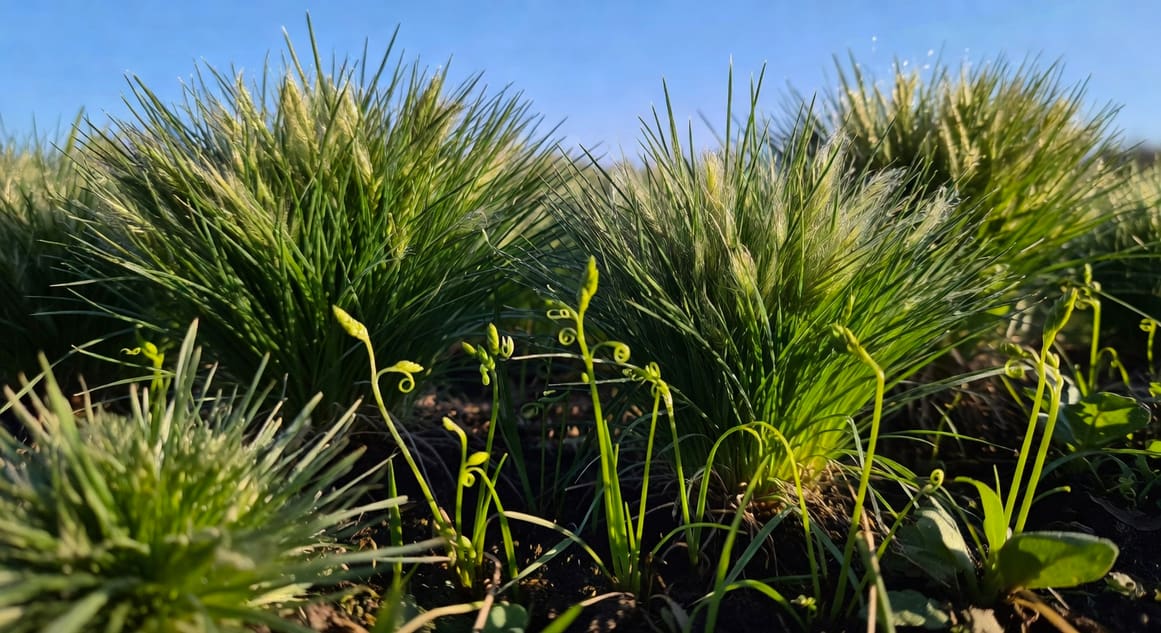在春日清晨溫暖光線下,被修剪整齊的觀賞草叢,新芽正在萌發的詳細特寫
