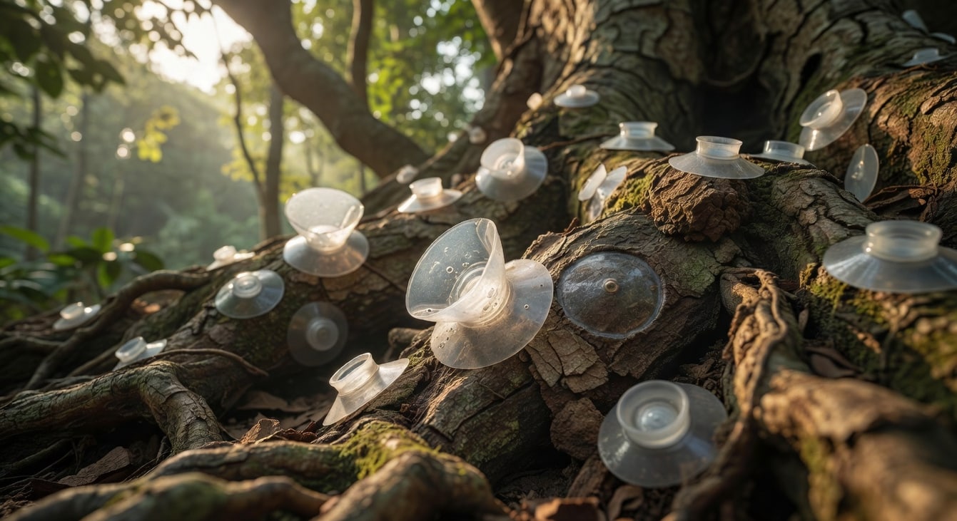 樹根周圍吸盤的近距離特寫,詳細展示不同吸盤移除的方法和步驟