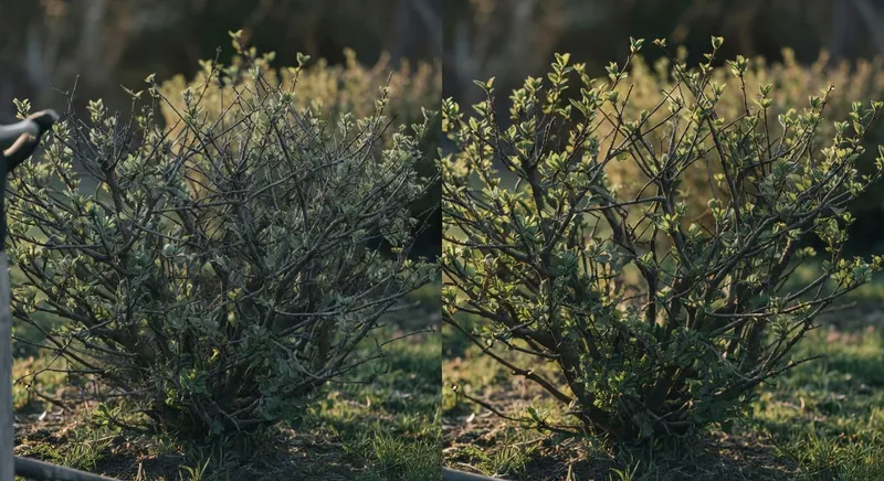 春季修剪前後灌木視覺變化對比，強調枯枝清除的整潔效果。