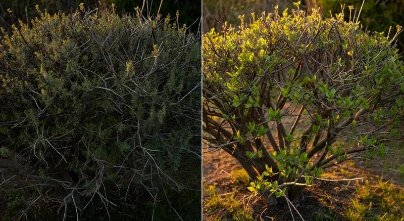 展示春季灌木修剪前後對比圖片，突出移除枯枝後的明顯改善效果。