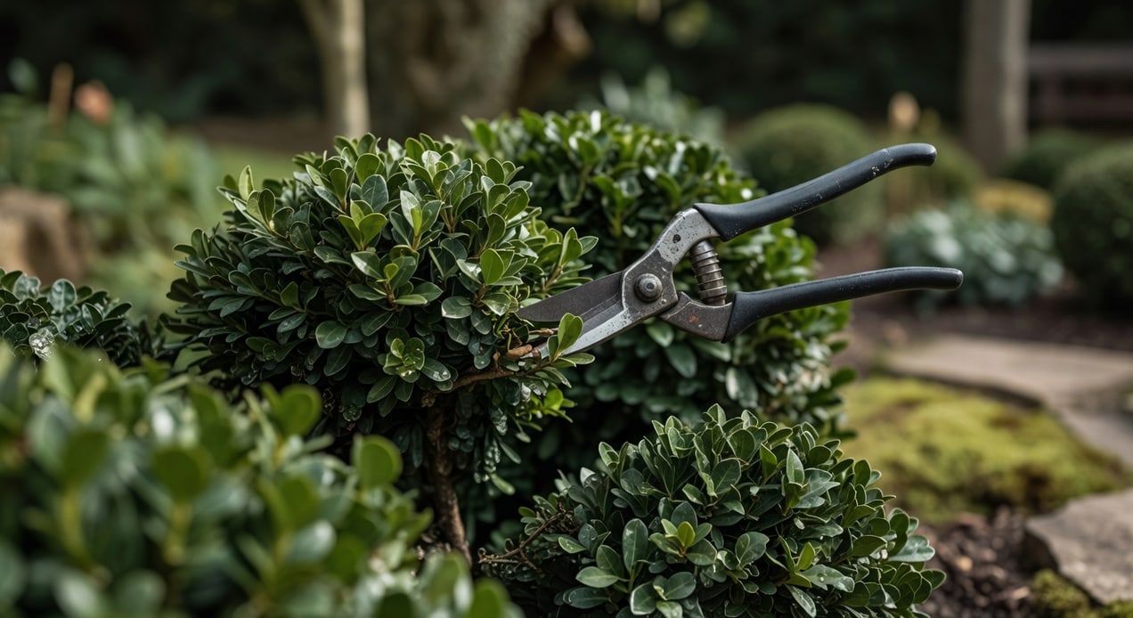 園藝師手持修枝剪,為灌木進行精確修剪造型