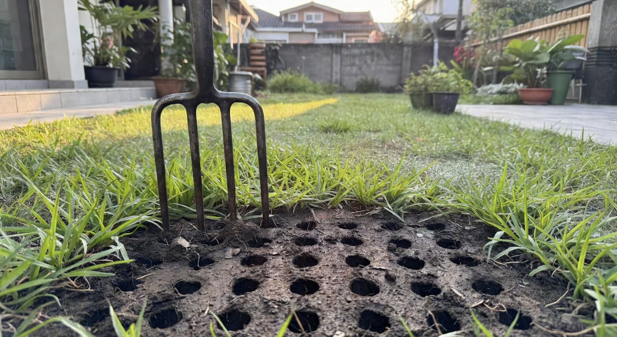 手持鐵叉打孔草坪近景特寫,土壤有小洞,台灣住宅庭院清晨陽光