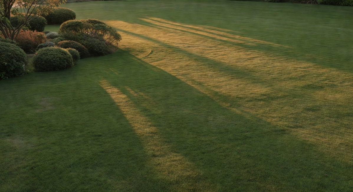 台灣家庭庭院春季草坪修整後翠綠整齊,旁邊低矮灌木傍晚金色光線