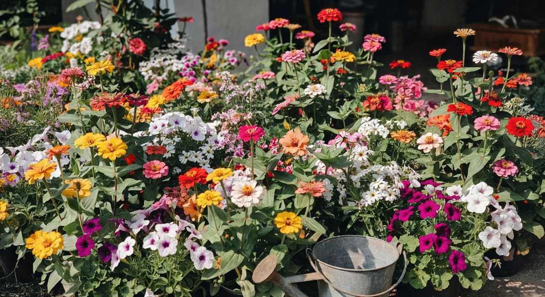 四月台灣春季花壇全景：百日草、矮牽牛和天竺葵混植，陽光明媚顏色繽紛，花壇邊有澆水桶