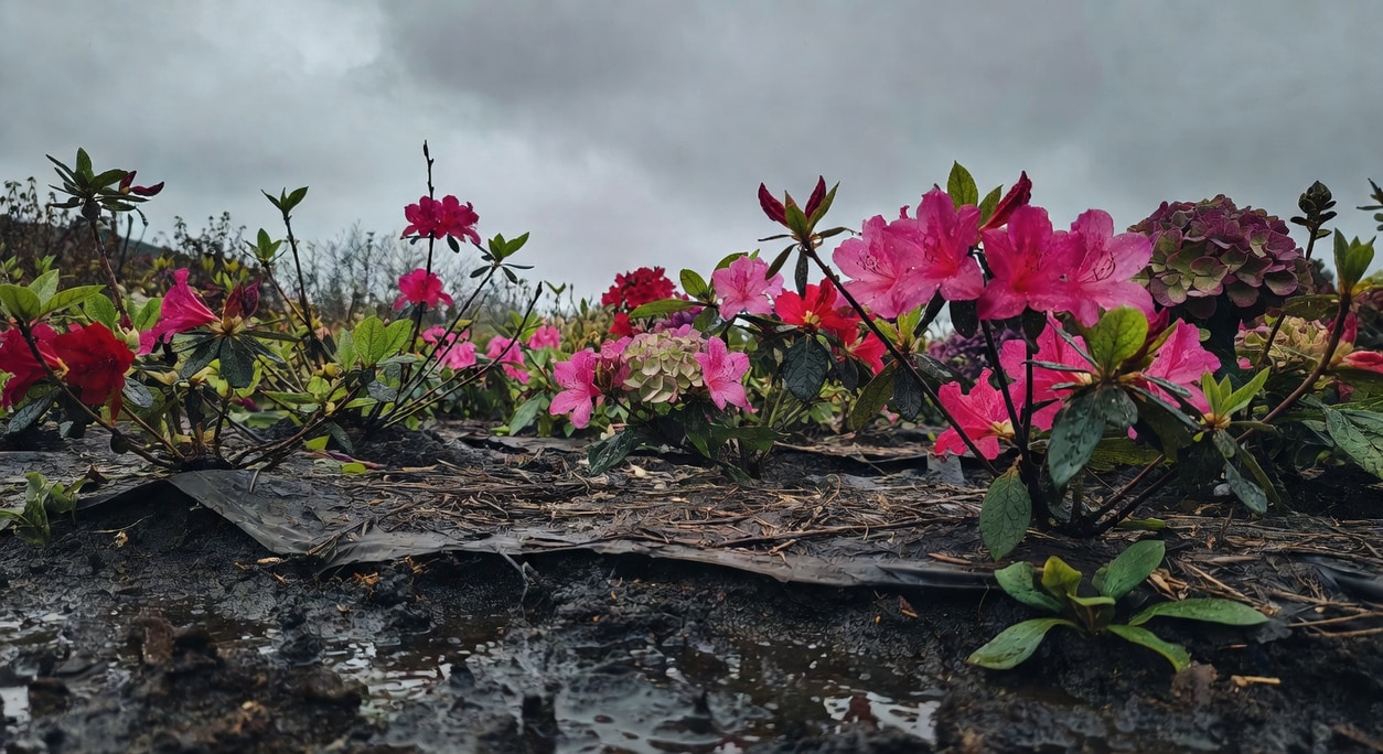五月梅雨季台灣花壇：植物剛澆水後土壤濕潤，遠處天色陰沉，近景花卉盛開，土壤表面有覆蓋物